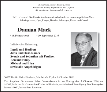 Traueranzeige von Damian Mack 