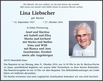 Traueranzeige von Lina Liebscher 