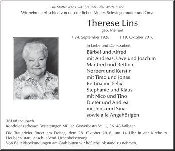 Traueranzeige von Therese Lins 
