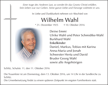 Traueranzeige von Wilhelm Wahl 