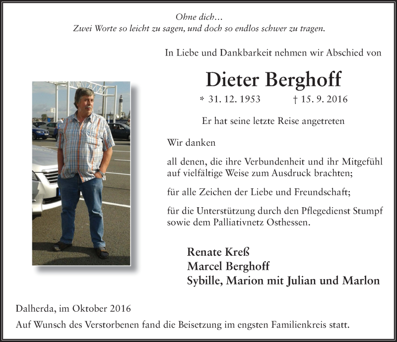  Traueranzeige für Dieter Berghoff vom 08.10.2016 aus 