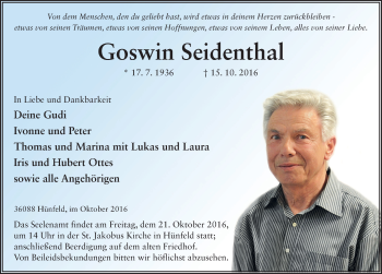Traueranzeige von Goswin Seidenthal 