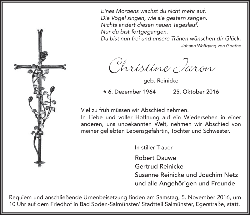  Traueranzeige für Christine Jaron vom 01.11.2016 aus 