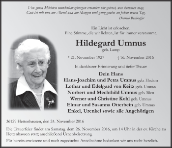 Traueranzeige von Hildegard Umnus 