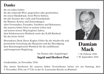 Traueranzeige von Damian Mack 