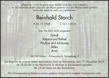 Traueranzeige von Reinhold Storch 