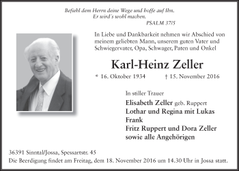 Traueranzeige von Karl-Heinz Zeller 