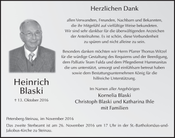 Traueranzeige von Heinrich Blaski 