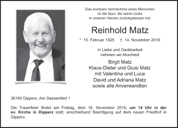 Traueranzeige von Reinhold Matz 