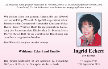 Traueranzeige von Ingrid Eckert 