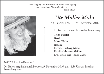 Traueranzeige von Ute Müller-Mahr 
