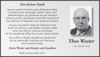 Traueranzeige von Theo Wester 