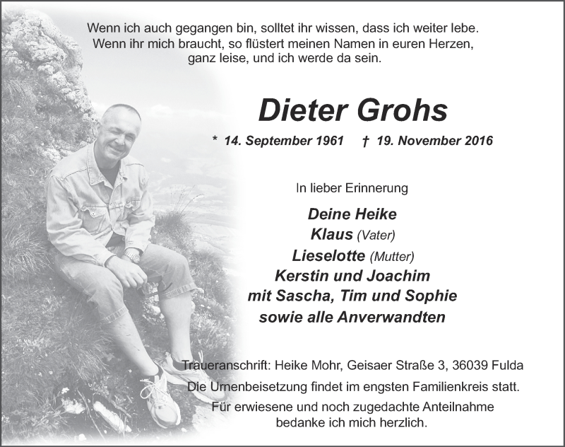  Traueranzeige für Dieter Grohs vom 25.11.2016 aus 