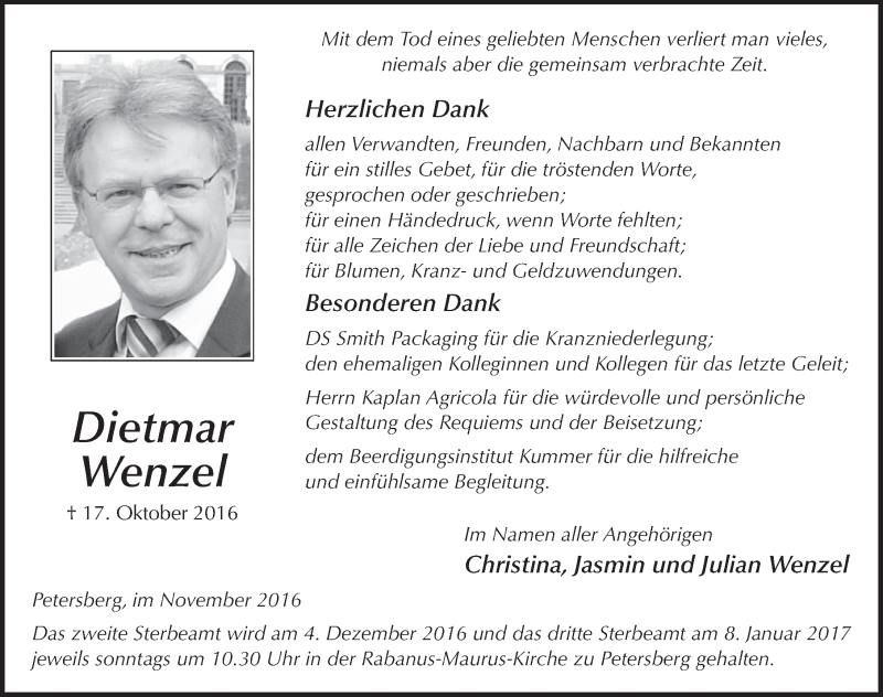  Traueranzeige für Dietmar Wenzel vom 12.11.2016 aus 