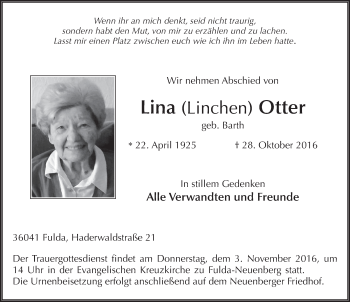 Traueranzeige von Lina Otter 