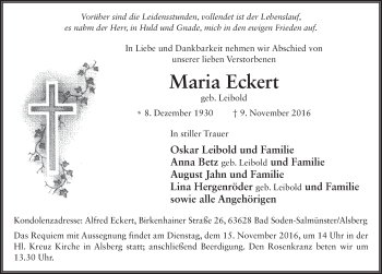 Traueranzeige von Maria Eckert 