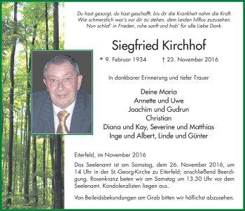 Traueranzeige von Siegfried Kirchhof 