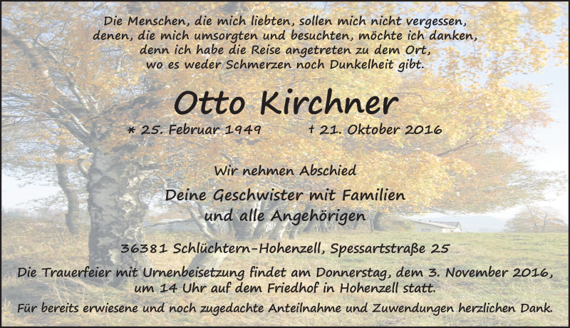  Traueranzeige für Otto Kirchner vom 01.11.2016 aus 