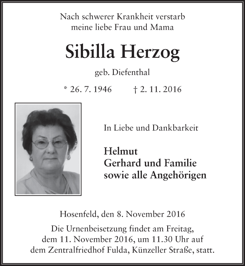  Traueranzeige für Sibilla Herzog vom 08.11.2016 aus 