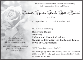Traueranzeige von Lieselotte Martha Frieda Berta Röhrich 