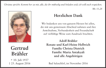 Traueranzeige von Gertrud Brähler 