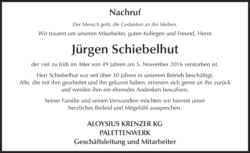  Traueranzeige für Jürgen Schiebelhut vom 09.11.2016 aus 