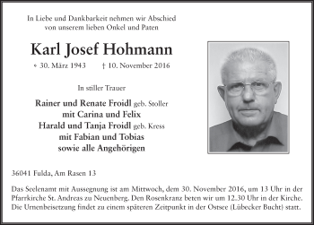 Traueranzeige von Karl Josef Hohmann 