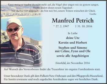 Traueranzeige von Manfred Petrich 