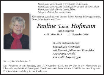 Traueranzeige von Pauline Hofmann 