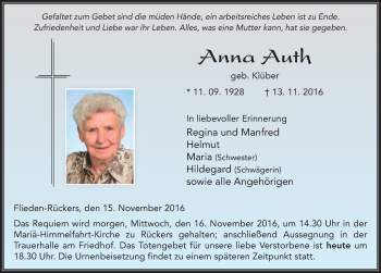 Traueranzeige von Anna Auth 