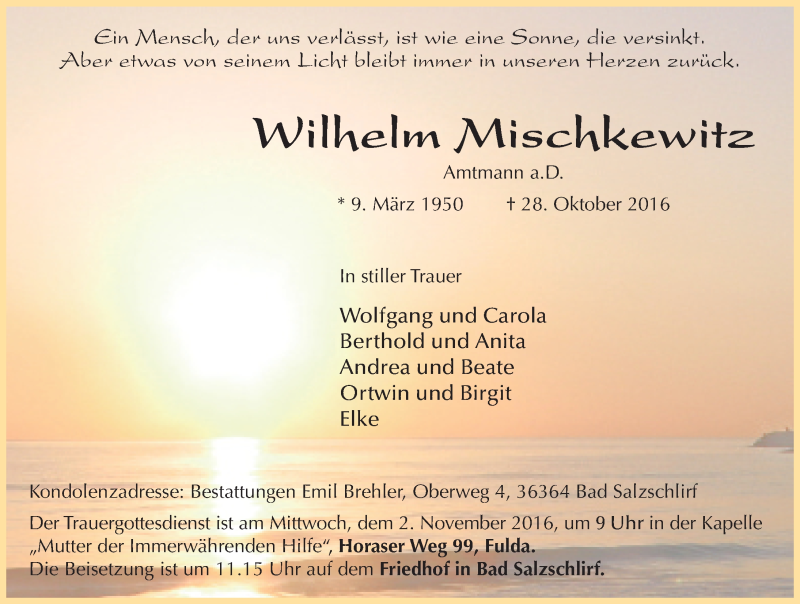  Traueranzeige für Wilhelm Mischkewitz vom 01.11.2016 aus 