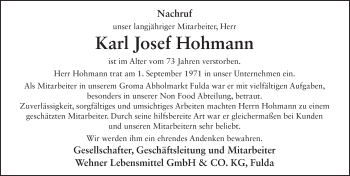 Traueranzeige von Karl Josef Hohmann 