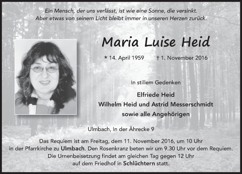  Traueranzeige für Maria Luise Heid vom 08.11.2016 aus 