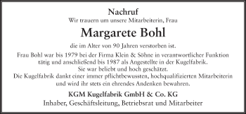 Traueranzeige von Margarete Ilse Bohl 