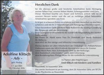 Traueranzeige von Adolfine Klitsch 