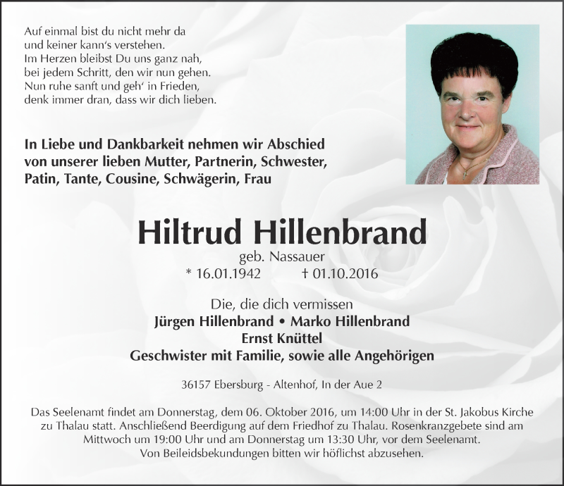  Traueranzeige für Hiltrud Hillenbrand vom 04.10.2016 aus 