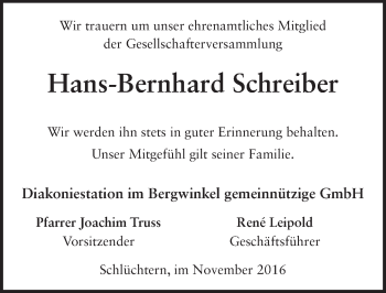 Traueranzeige von Hans-Bernhard Schreiber 