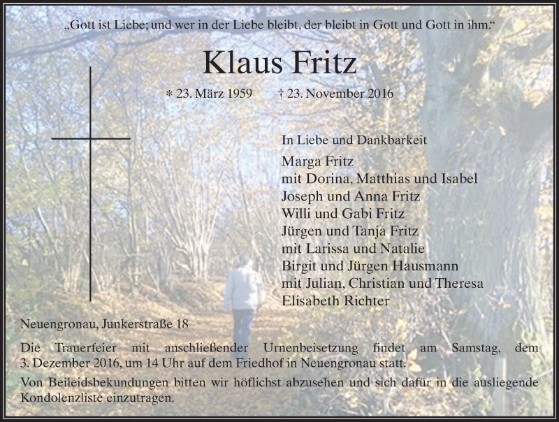  Traueranzeige für Klaus Fritz vom 30.11.2016 aus 