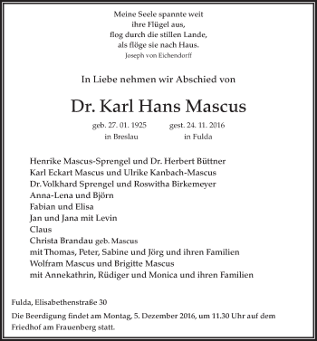Traueranzeige von Karl Hans Mascus 