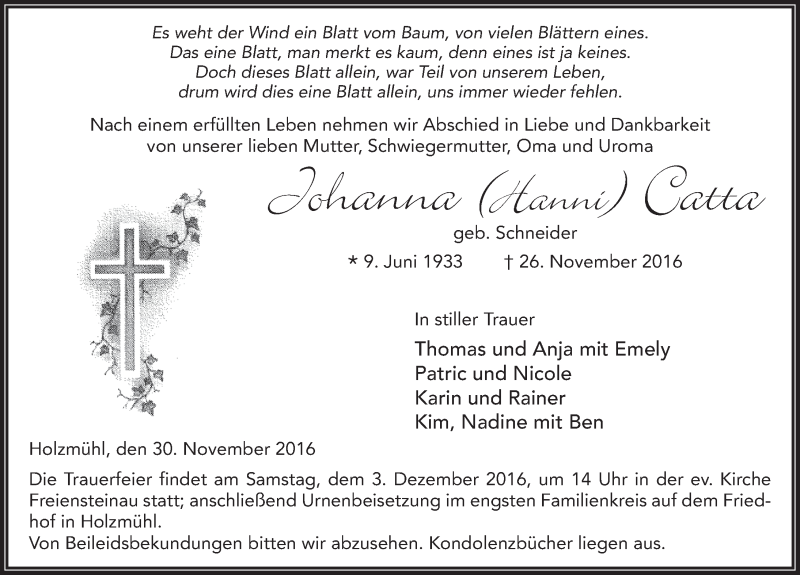  Traueranzeige für Johanna Catta vom 30.11.2016 aus 