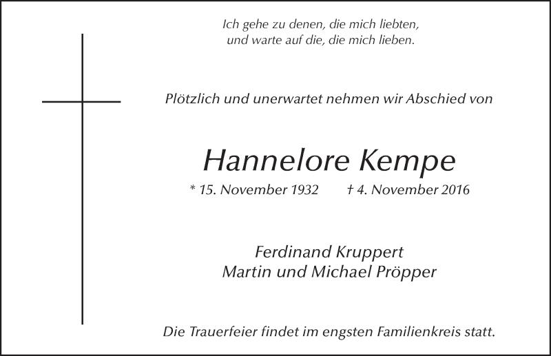  Traueranzeige für Hannelore Kruppert vom 11.11.2016 aus 