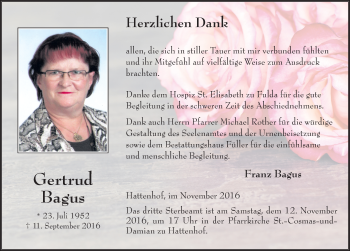 Traueranzeige von Gertrud Bagus 