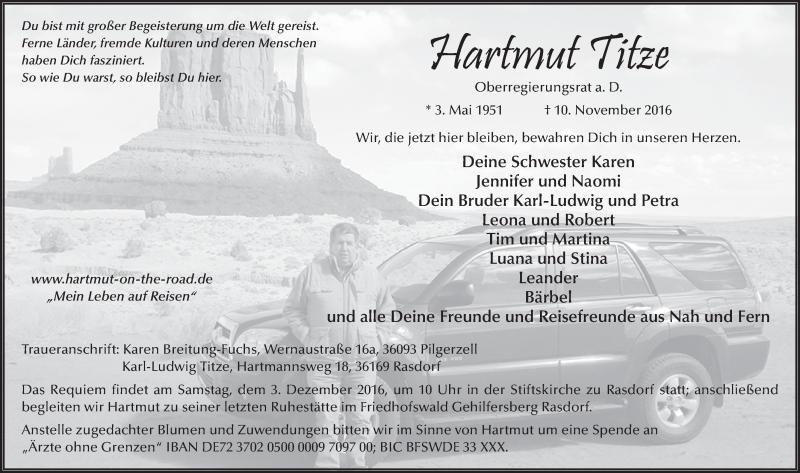  Traueranzeige für Hartmut Titze vom 25.11.2016 aus 
