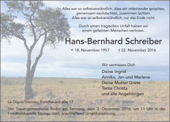 Traueranzeige von Hans-Bernhard Schreiber 