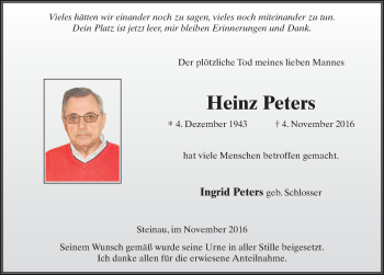 Traueranzeige von Heinz Peters 