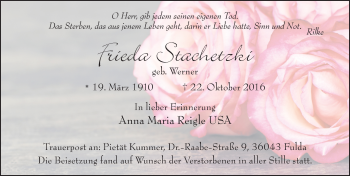 Traueranzeige von Frieda Stachetzki 