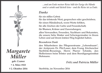 Traueranzeige von Margarete Müller 