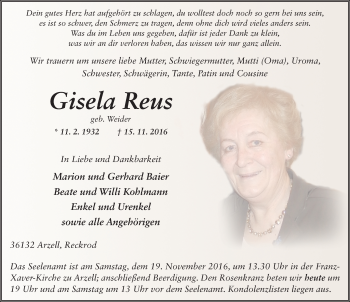 Traueranzeige von Gisela Reus 
