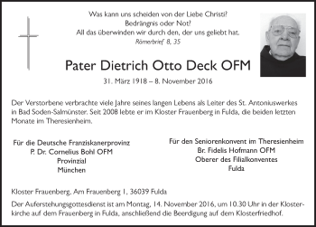 Traueranzeige von Dietrich Otto Deck 