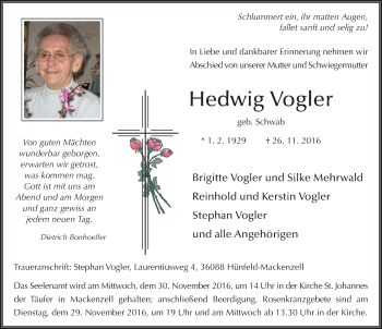 Traueranzeige von Hedwig Vogler 